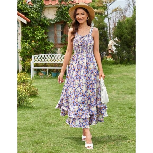 Women's Summer Floral Boho Dress Square Neck 05 - Picture 4 of 7